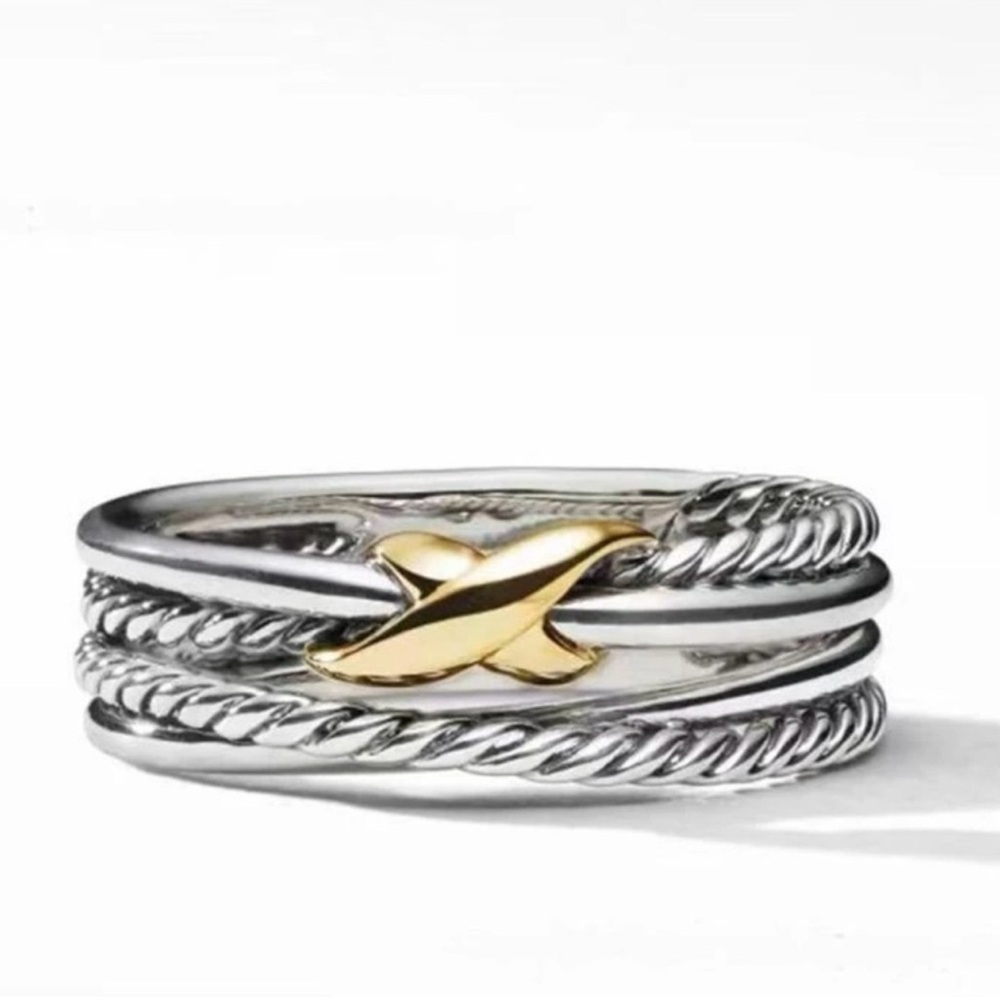 ELEGANT CRISS-CROSS LAYERED RING GOLD AND SILVER